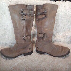 Born Attila Taupe Tall Riding Boots 3 Buckle Zip Leather Weathered Boots 6.5